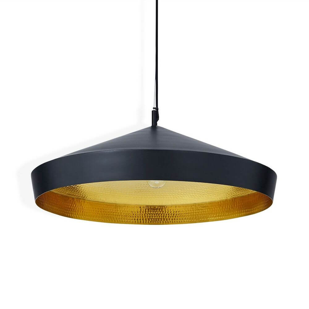 Tom Dixon Beat Flat LED Pendellampe Schwarz, Goldfarben mit minimalistischen Designelementen.