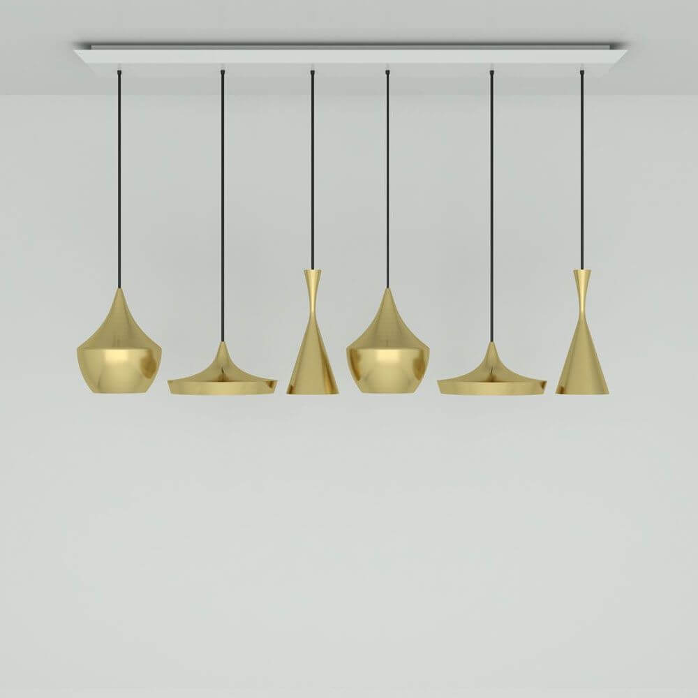Tom Dixon Beat Range Pendelleuchten in goldfarbenem Messing, ideal für moderne Innenräume.