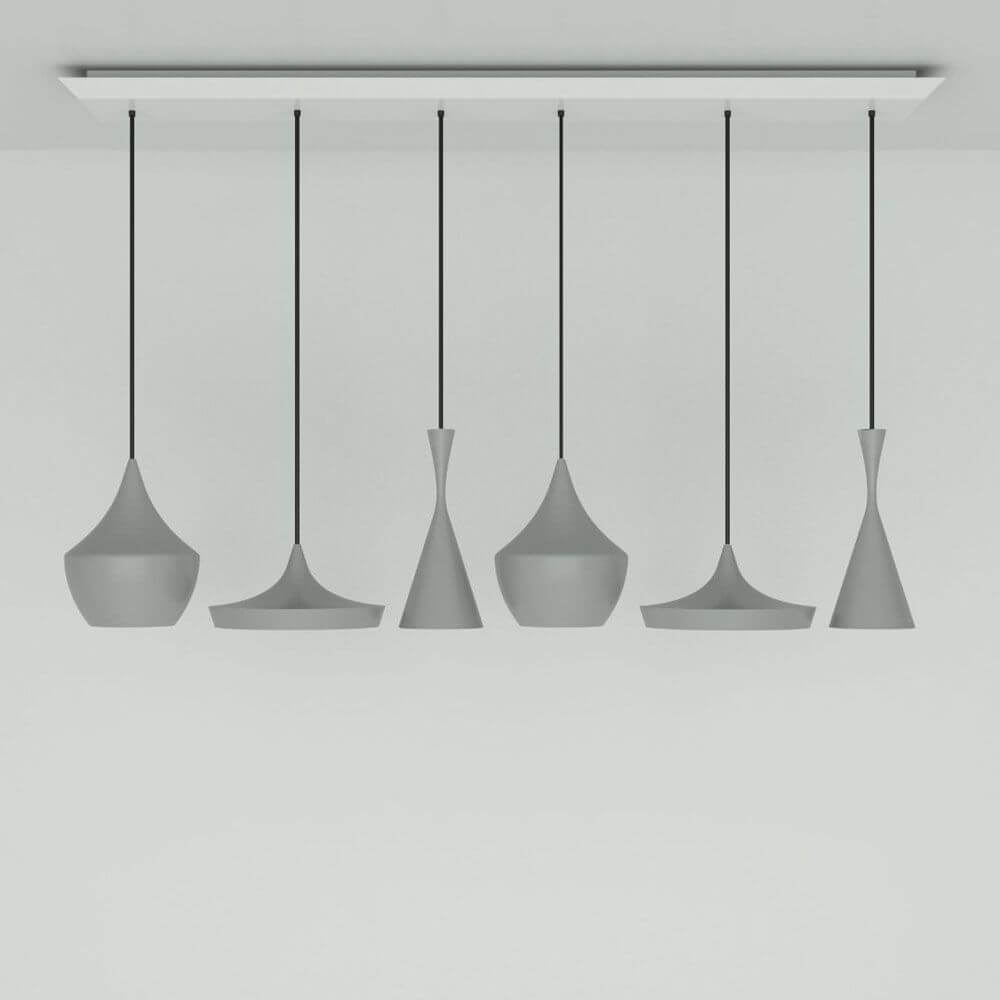 Tom Dixon Beat Range Pendellampe in Grau, 6er Set mit unterschiedlichen Designs für dramatische Beleuchtung.