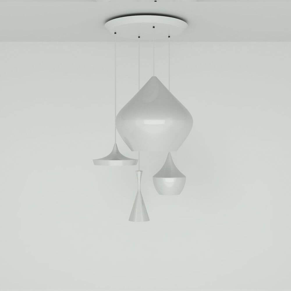 Tom Dixon Beat Round Hängelampe 4er Ø 85cm in weißem Design, kombiniert mit verschiedenen Formen und Höhen.