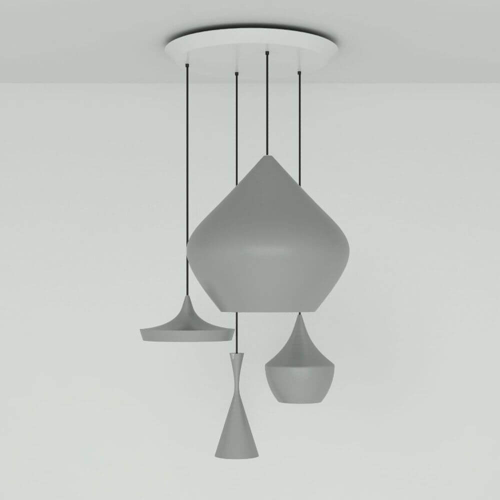 Tom Dixon Beat Round Hängelampe 4er Ø 85cm mit stilvollen, modernen Designs in Grautönen aufgehängt.