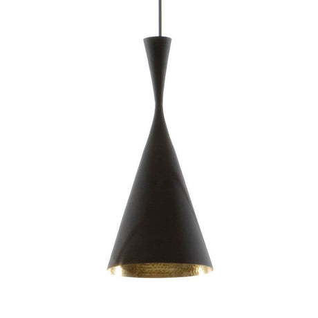 Tom Dixon Beat Tall LED Hängelampe Ø 19cm mit schwarzer Patina und goldener Innenseite.