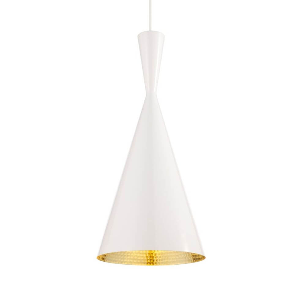 Tom Dixon Beat Tall LED Hängelampe Ø 19cm in weiß mit goldener Innenseite, modernes Design für verschiedene Umgebungen.