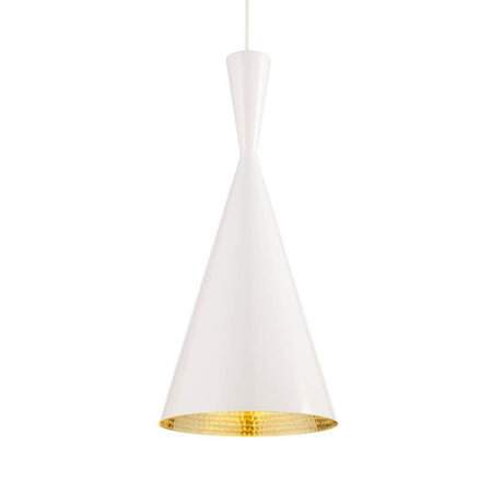 Tom Dixon Beat Tall LED Hängelampe Ø 19cm in weiß mit goldener Innenseite, modernes Design für verschiedene Umgebungen.