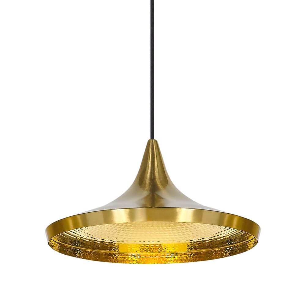 Tom Dixon Beat Wide LED Hängeleuchte Ø 36cm mit goldener Innenseite und schwarzer Patina außen.