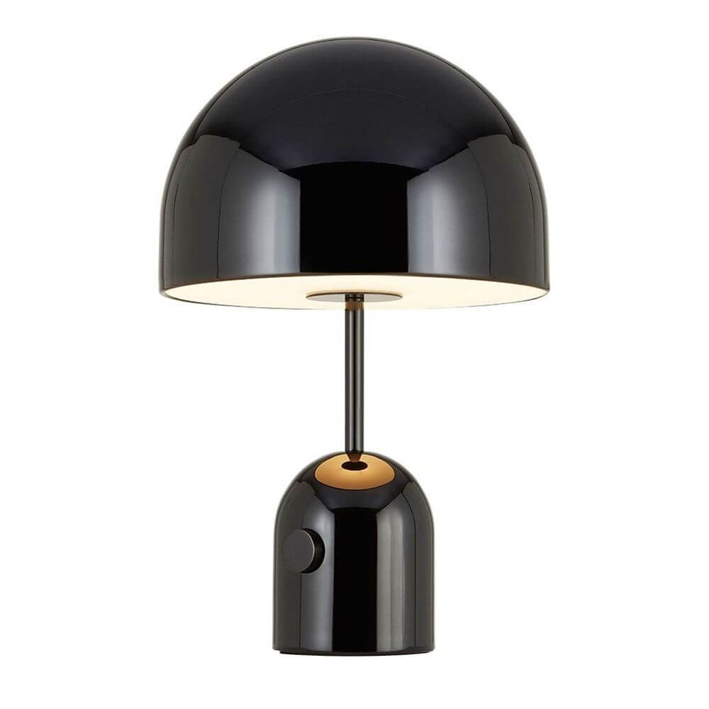 Tom Dixon Bell Tischleuchte mit Drehdimmer, schwarzes Design, polierte Oberfläche, stabiler Fuß, moderne Beleuchtung.