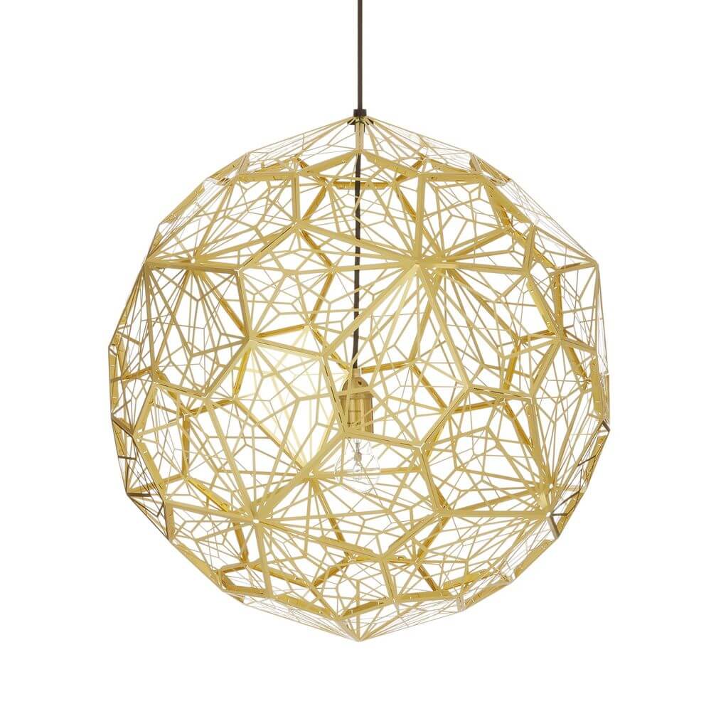 Tom Dixon Etch Web Effekt Pendelleuchte Ø 60cm mit offener Struktur und geodätischem Design aus Messing.