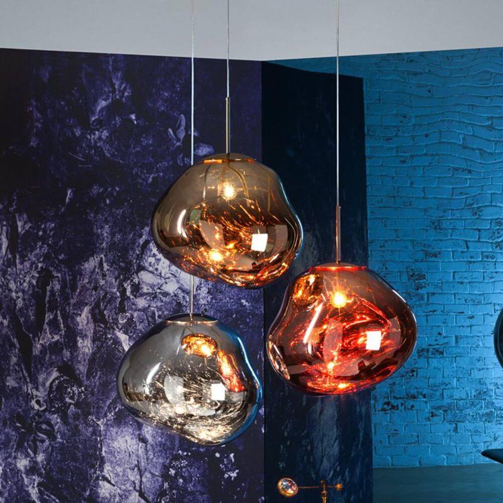 Tom Dixon Melt LED Trio Pendelleuchte 3er Mobile Ø 81cm in Kupfer, Chrom und Gold.