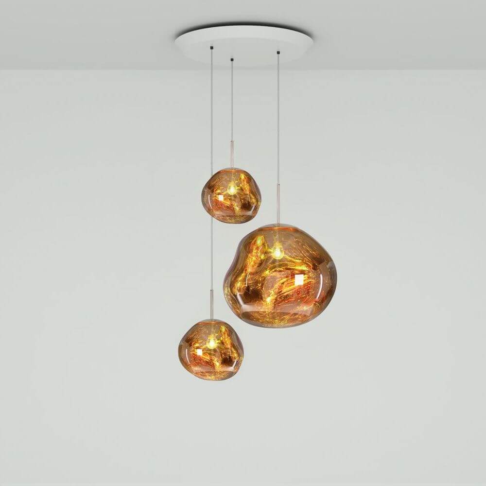 Tom Dixon Melt LED Trio Pendelleuchte 3er Mobile Ø 81cm in kupfernem Glasdesign, hypnotisches Licht.