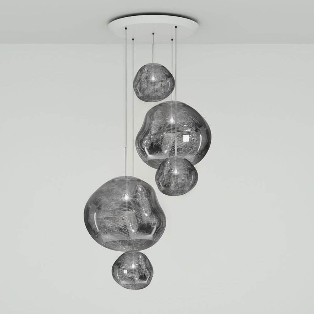Tom Dixon Melt Large LED Hängelampe 5er Mobile mit hypnotisierenden, schmelzenden Lichtkugeln in Schwarz.