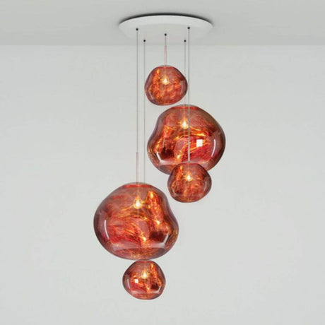 Tom Dixon Melt Large LED Hängelampe 5er Mobile in Kupfer, moderne Deckenleuchte mit hypnotischem Effekt.