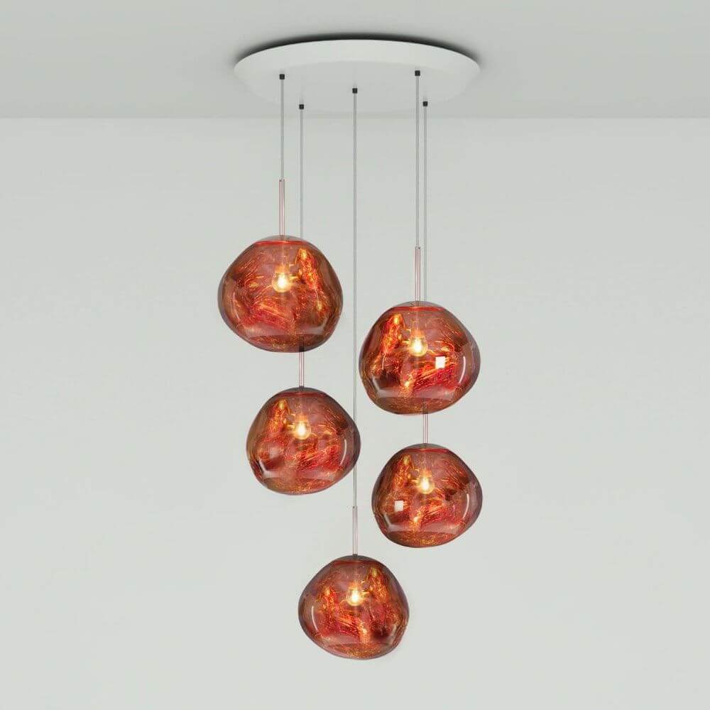 Tom Dixon Melt Mini LED Pendellampe 5er Mobile mit hypnotisierenden Lichtkugeln in Kupfer.