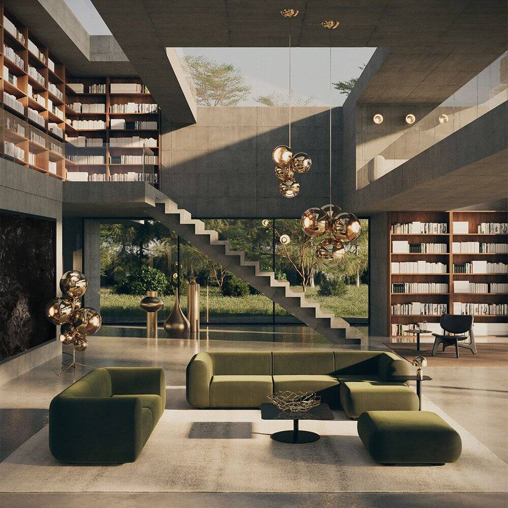 Elegantes Wohnzimmer mit moderner Architektur, grüner Sofagarnitur und Tom Dixon Melt Stand Chandelier.