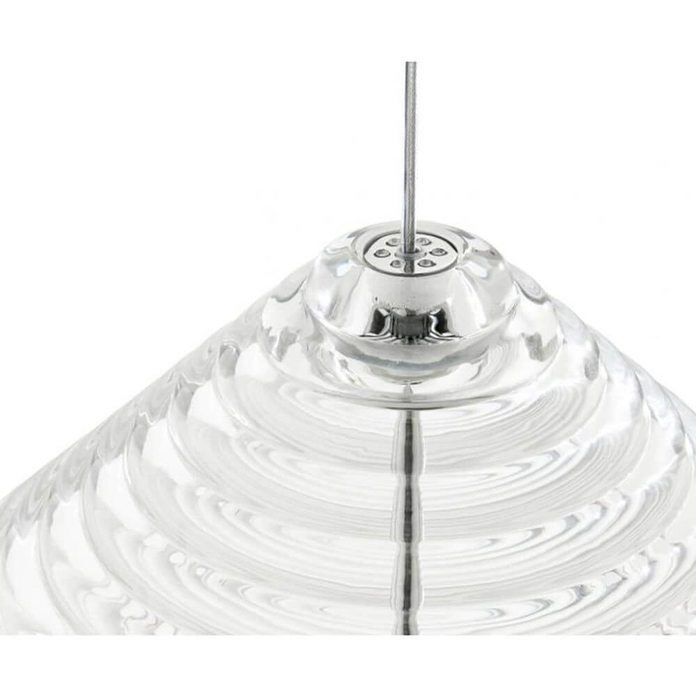 Tom Dixon Press Cone Pendelleuchte aus klarem, geripptem Glas mit abgerundeter Oberflächengestaltung.