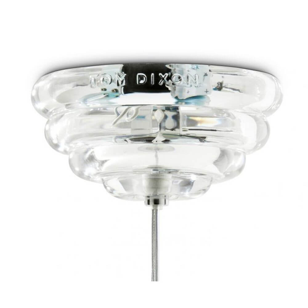 Tom Dixon Press Cone Glas-Pendelleuchte, transparentes Glas mit gerippter Oberfläche und moderner Silhouette.