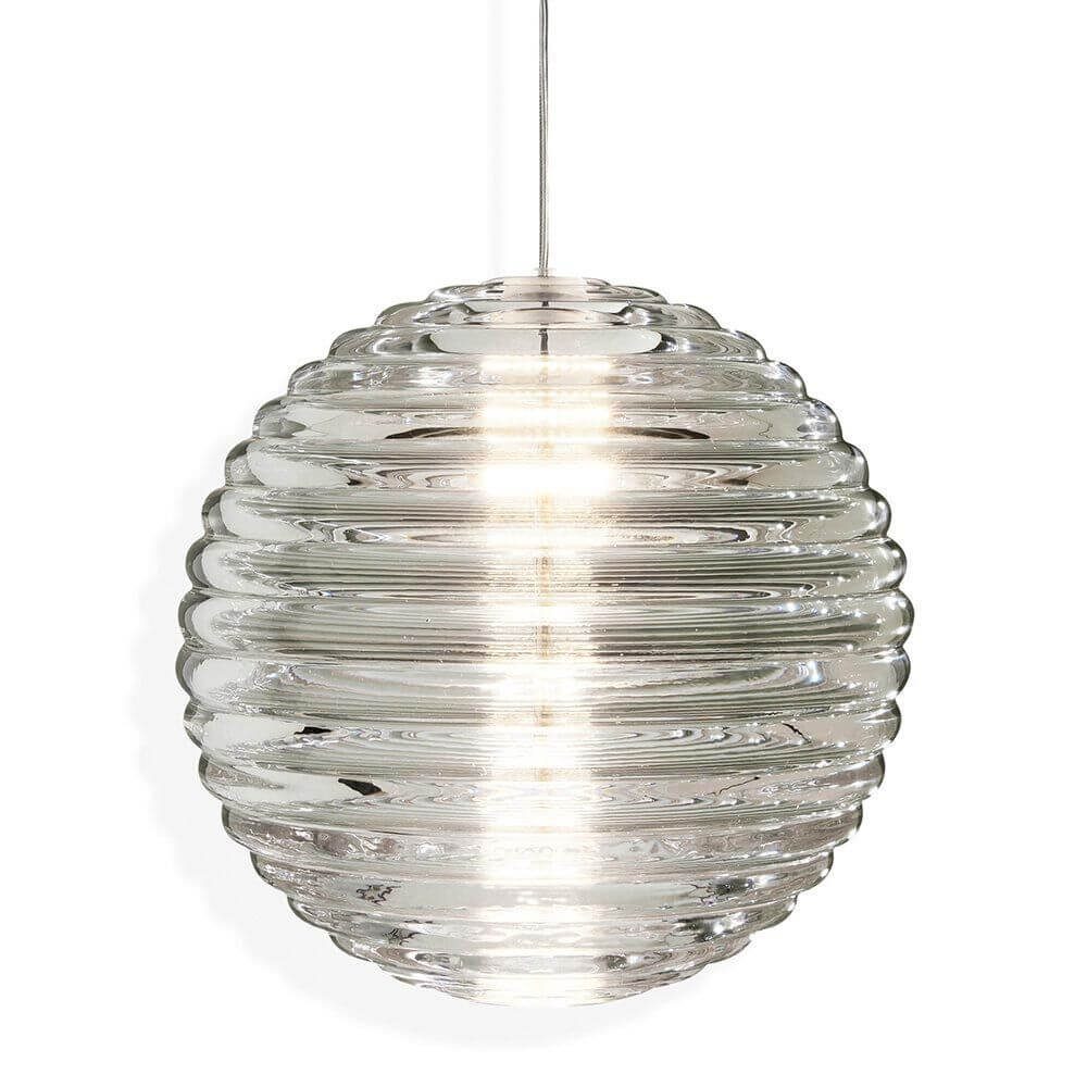 Tom Dixon Press Sphere Pendelleuchte aus dickem, transparentem Glas mit gerippter Oberfläche und streuendem Licht.