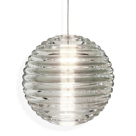Tom Dixon Press Sphere Glas-Pendelleuchte aus transparentem, geripptem Glas mit linearer Oberfläche.