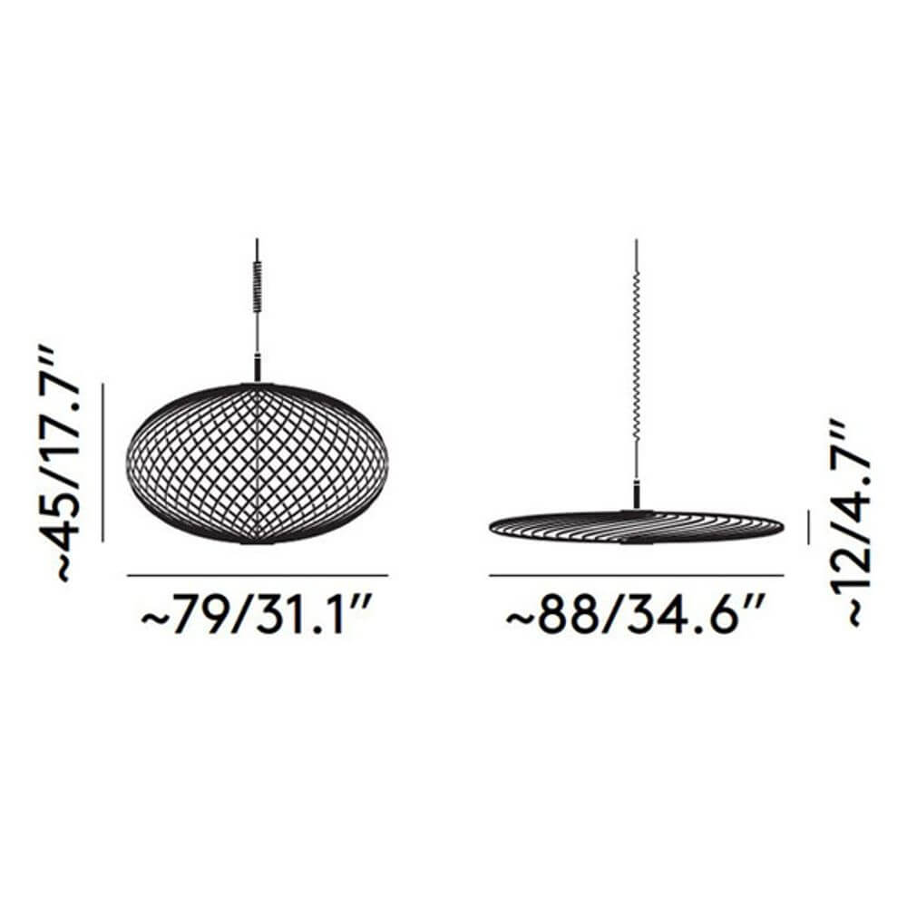 Technische Zeichnung der Tom Dixon Spring LED Hängelampe ausziehbar mit Maßangaben.