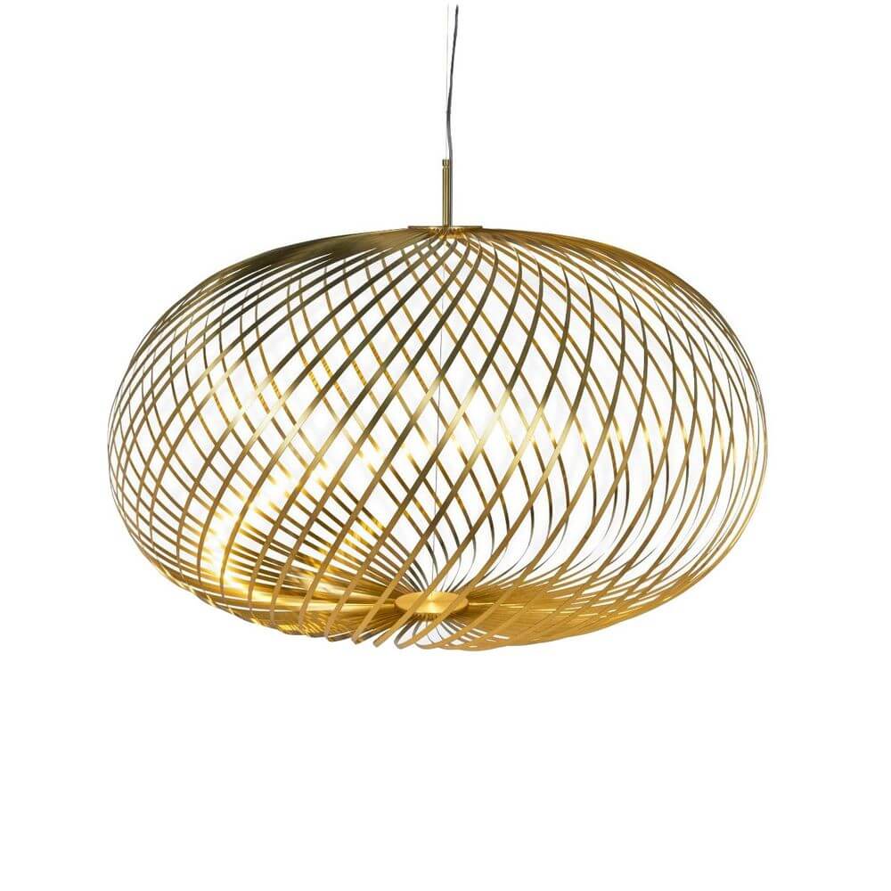 Tom Dixon Spring LED Hängelampe ausziehbar in innovativem, geschwungenem Design aus Edelstahlstreifen.