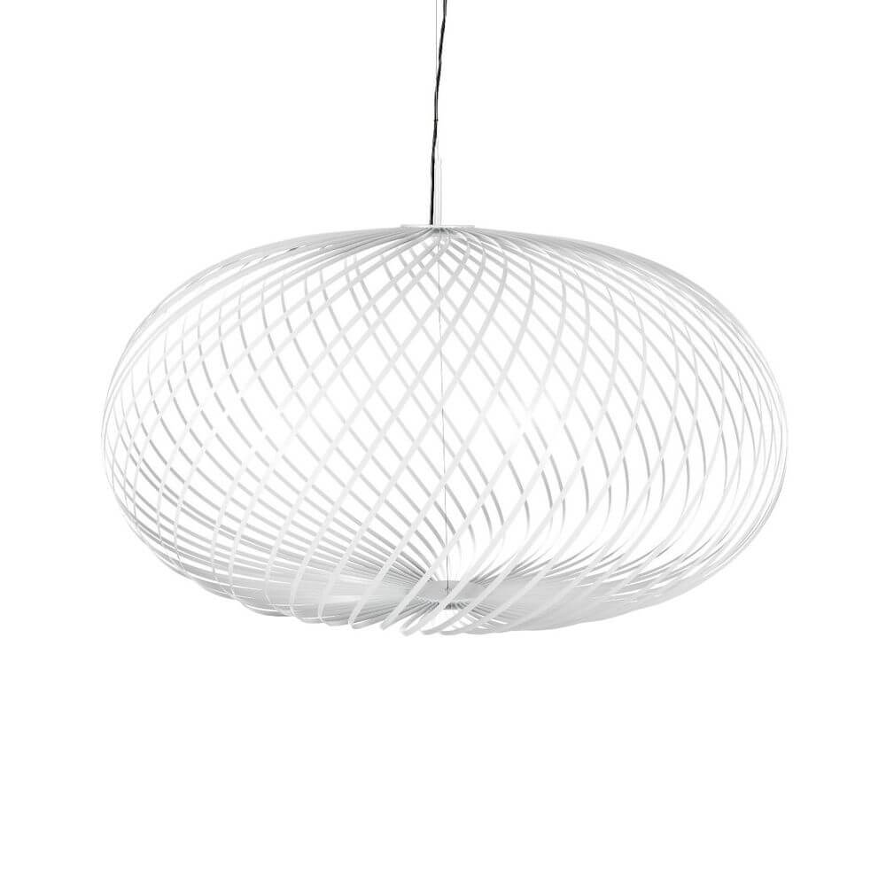 Tom Dixon Spring LED Hängelampe ausziehbar im modernen, eleganten Design aus weißen Edelstahlstreifen.