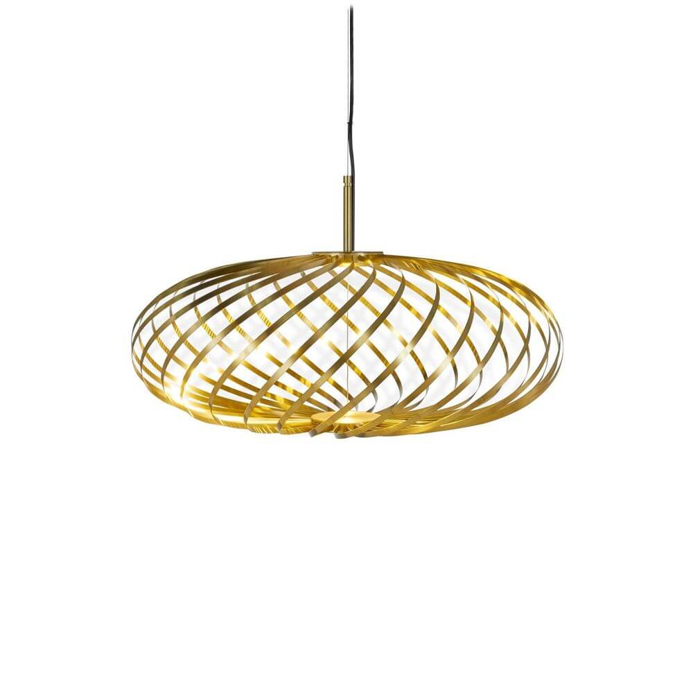 Tom Dixon Spring LED Hängelampe ausziehbar, moderne Pendelleuchte aus Edelstahlstreifen in Gold.