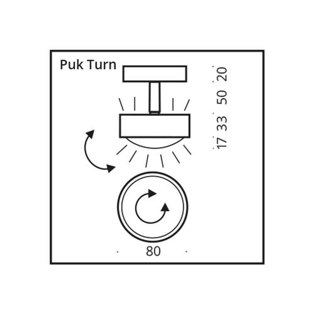 Deckenspot Puk Turn Up- & Downlight technische Zeichnung mit Maßen und Lichtrichtung.