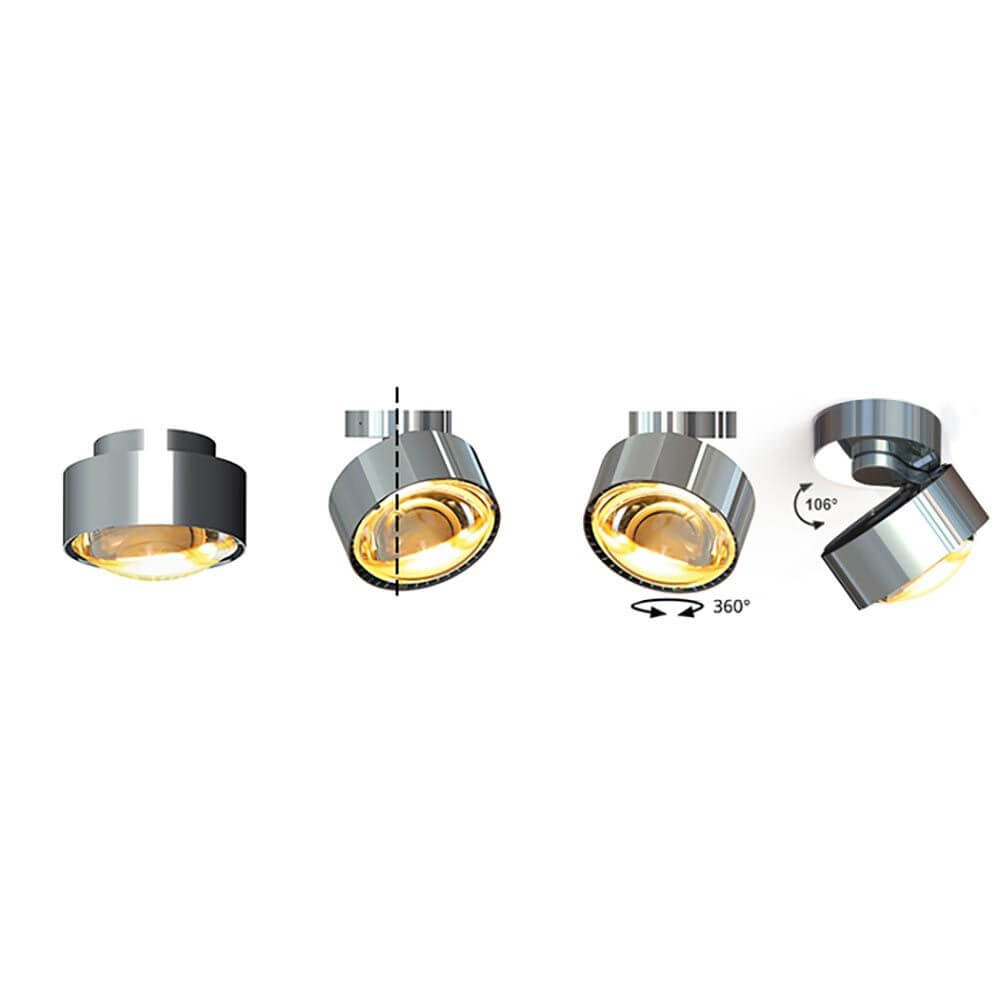 LED Deckenstrahler Puk Maxx Move 360° in verschiedenen Positionen und Einstellungen für flexible Raumbeleuchtung.