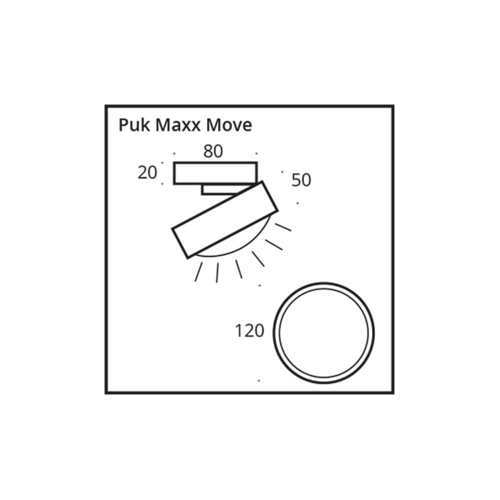 LED Deckenstrahler Puk Maxx Move 360° technische Zeichnung mit Schwenkfunktion und Abmessungen.