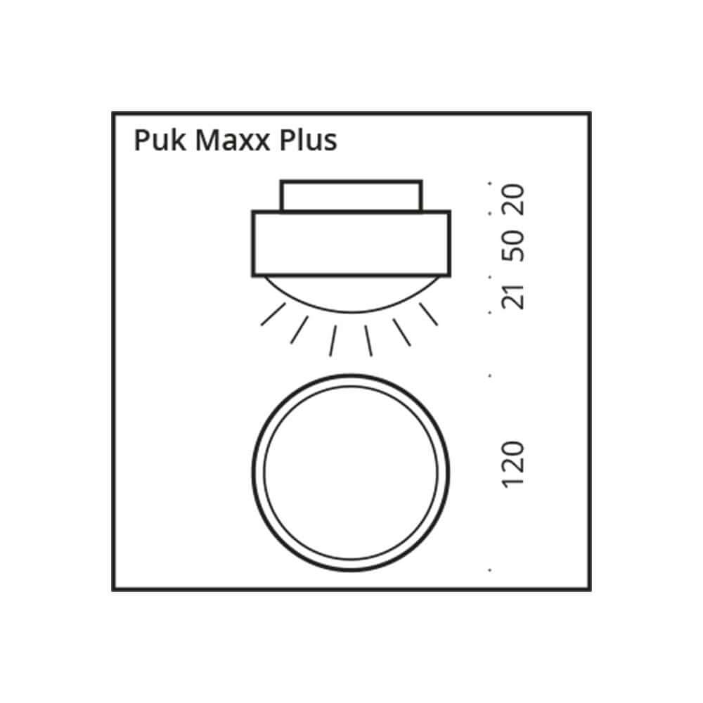 LED Deckenlampe Puk Maxx Plus technische Zeichnung mit Abmessungen und Design.
