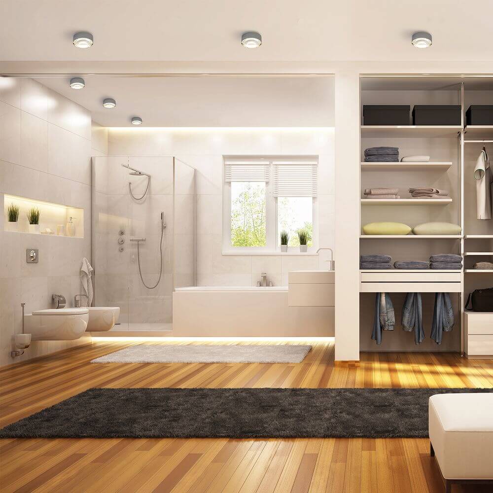 LED Deckenlampe Puk Meg Maxx Plus in modernem Badezimmer mit stilvollem Design und eleganter Beleuchtung.