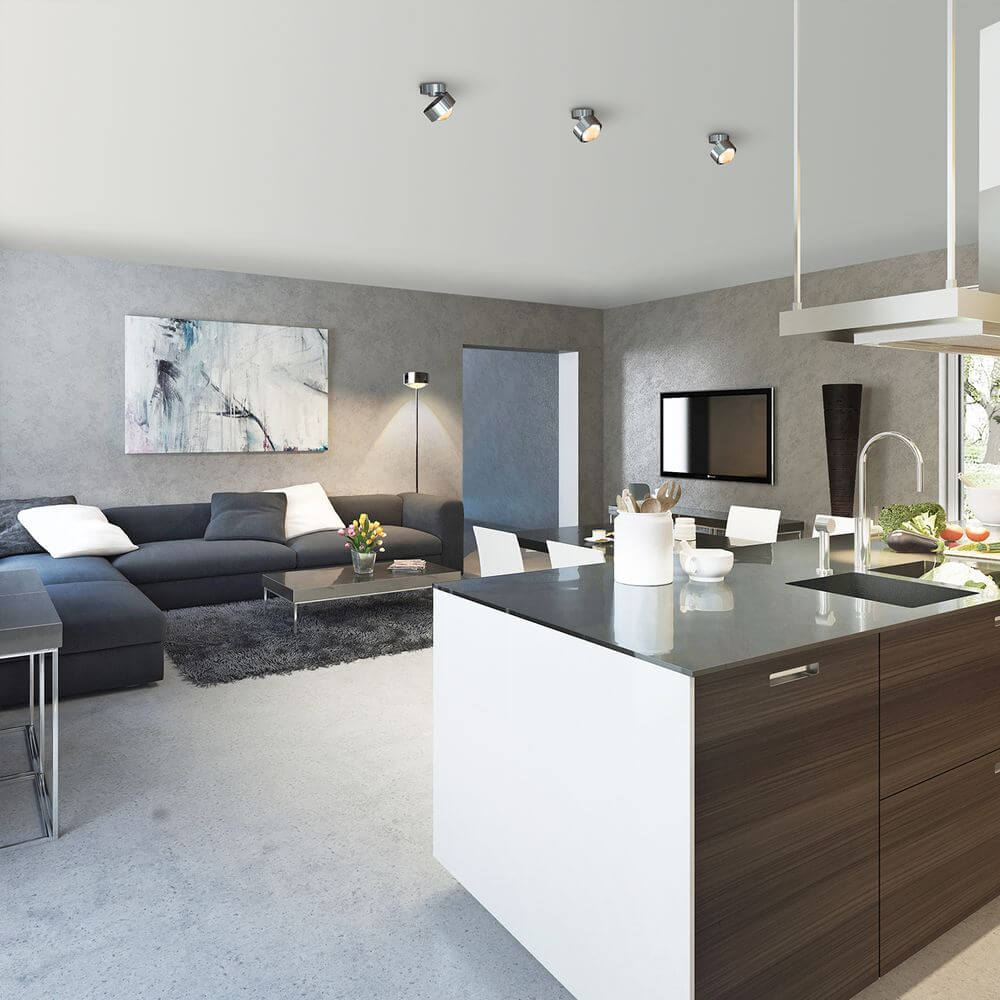 Moderne Küche und Wohnzimmer mit LED Deckenlampe Puk Move dreh- & schwenkbar für elegantes Lichtdesign.