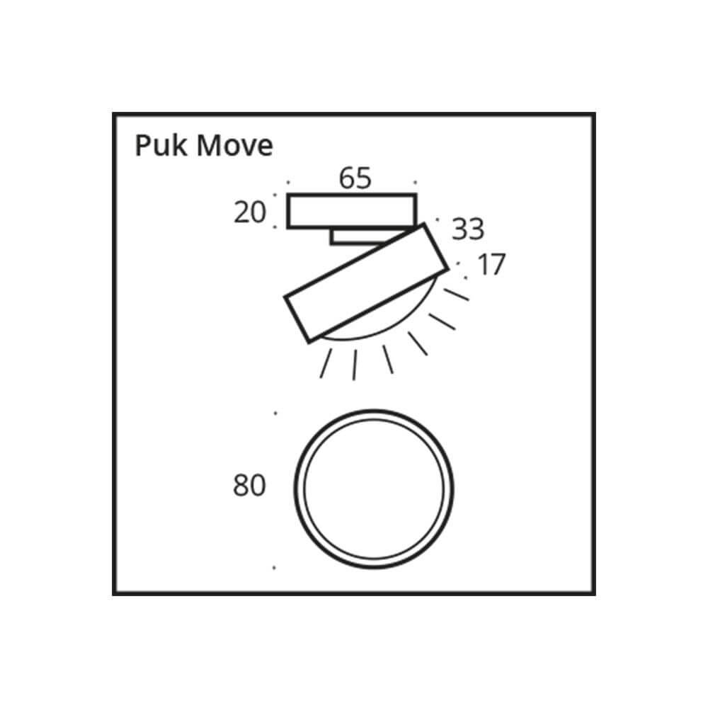 Technische Zeichnung der LED Deckenlampe Puk Move dreh- & schwenkbar mit Maße und Details.