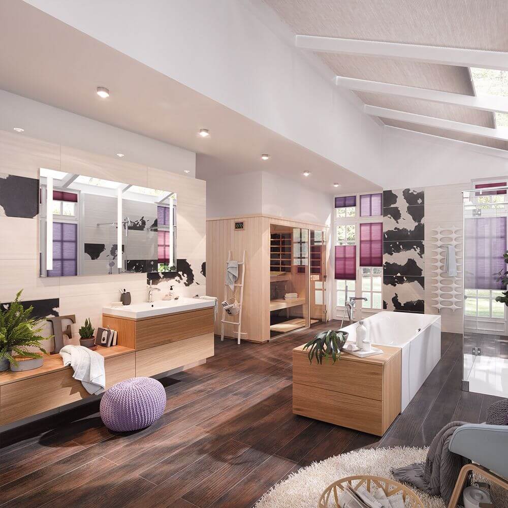 Moderner Badezimmerinterieur mit Holz-Design, Badewanne, Sauna und eleganten Lichtquellen.