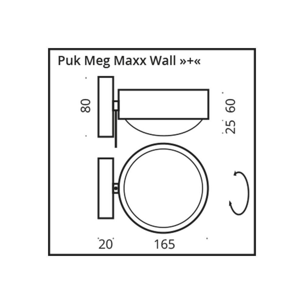 Produktzeichnung der LED Wandlampe Puk Meg Maxx Wall+ mit Maßen.