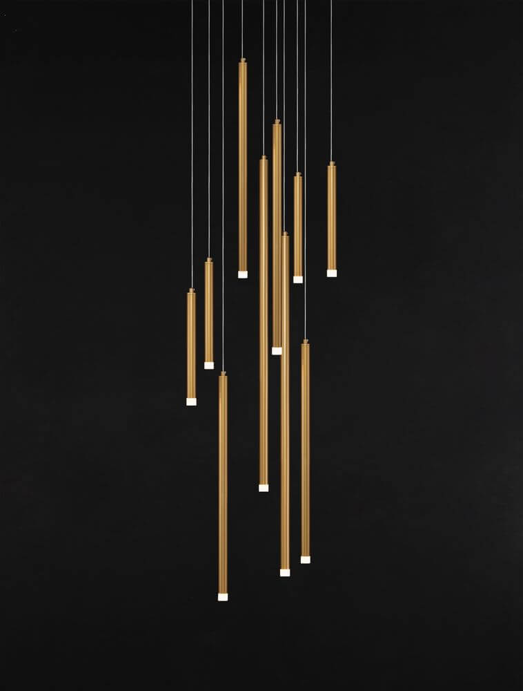 Trimle LED Pendelleuchte 10-flammig in Gold mit zylinderförmigen Elementen, minimalistisches Design.