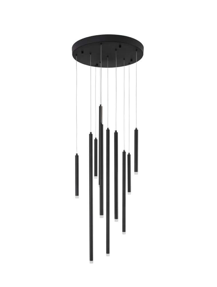 Trimle LED Pendelleuchte mit 10 zylinderförmigen Elementen in Schwarz, Ø 50cm, energieeffizient und elegant.
