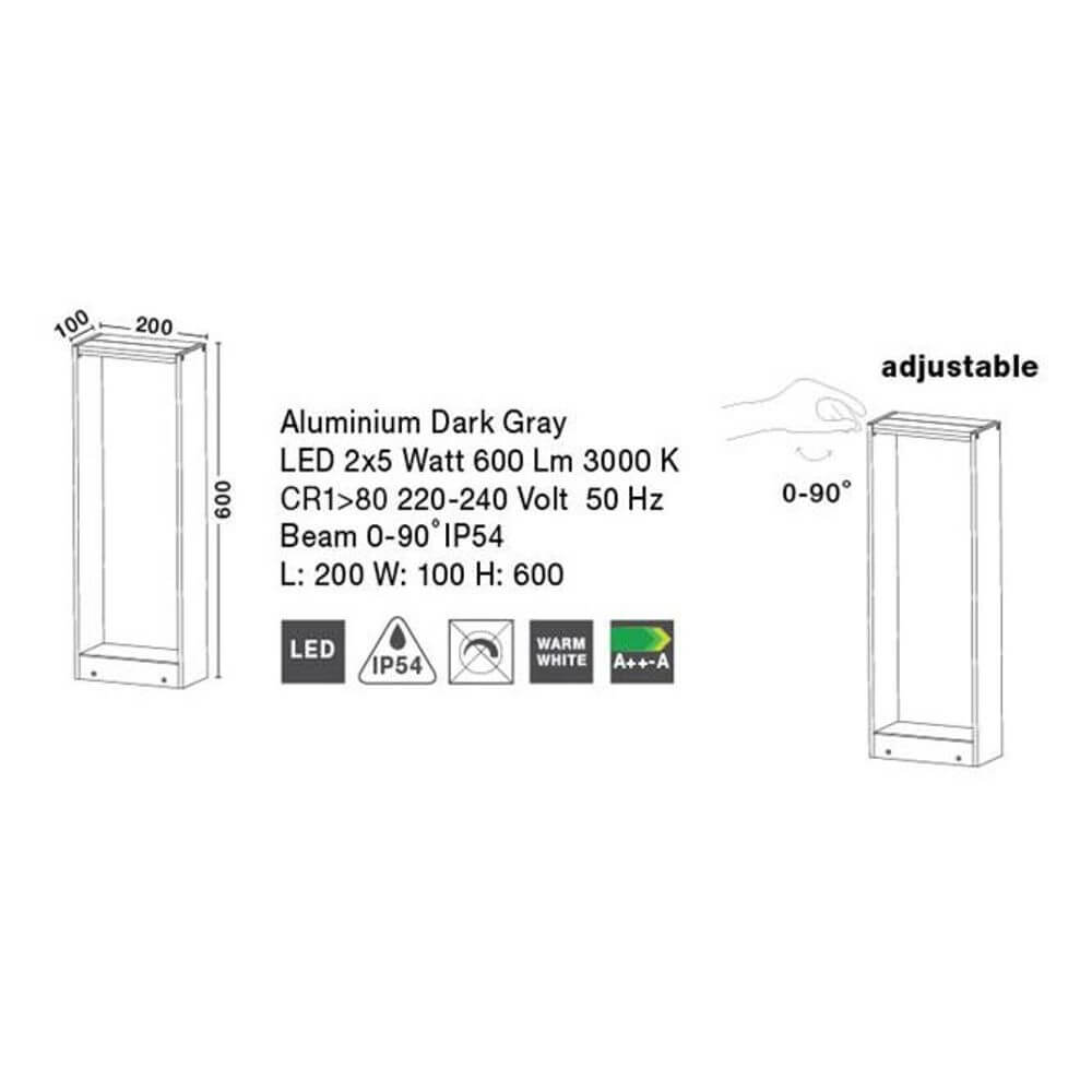 Twin LED Außen-Stehleuchte 60cm IP54 10W, 600lm , 3000K technische Details und Designskizze.