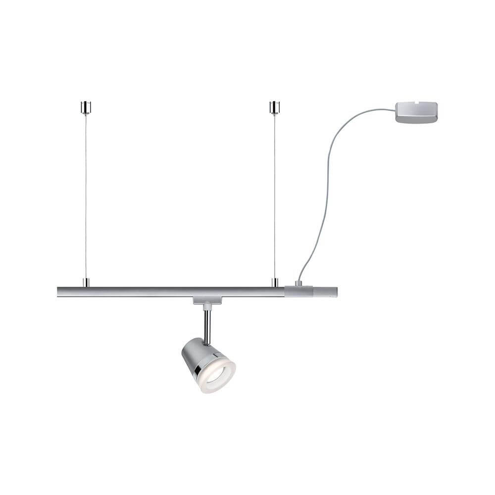 U-Rail Einspeisung 2m Kabel Chrom-Matt mit abgehängter Lampe und flexibler Lichtinstallation.