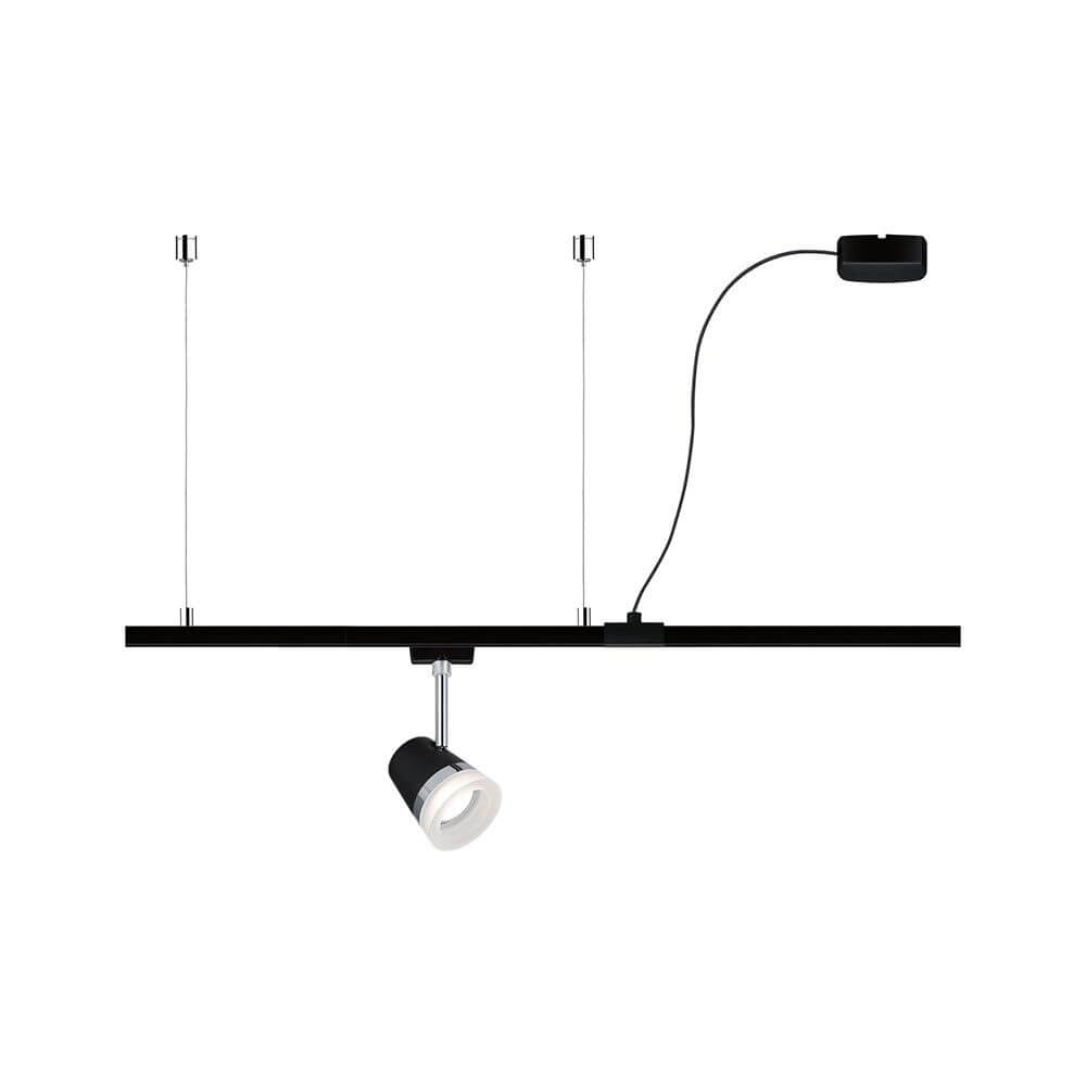 U-Rail Einspeisung 2m Kabel Schwarz-Matt mit abgehängtem Spot in Schwarz-Matt.