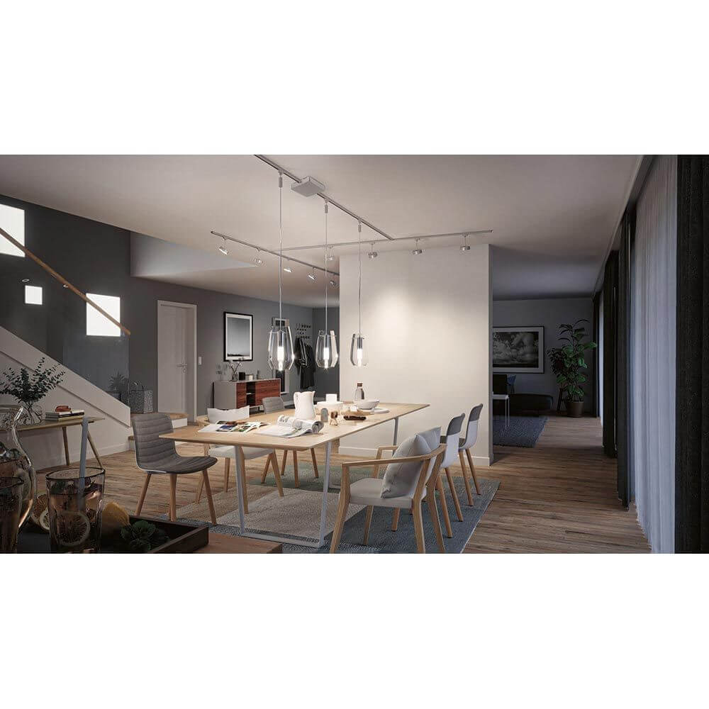 U-Rail Einspeisung Smart Home Zigbee Chrom-Matt in modernem Essbereich mit stilvoller Beleuchtung.