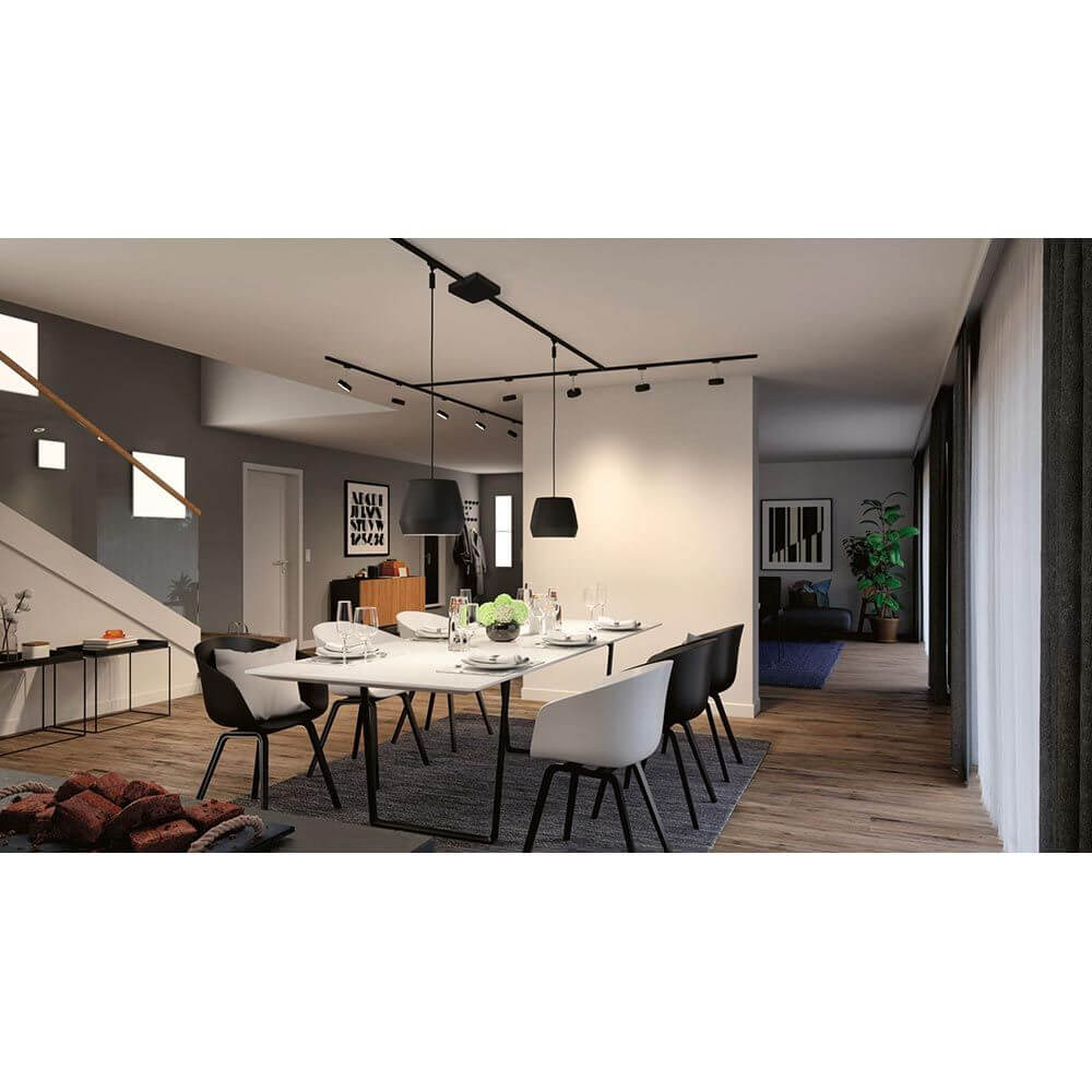 U-Rail Einspeisung Smart Home Zigbee Schwarz-Matt im modernen Esszimmer mit eleganten Möbeln und Licht.