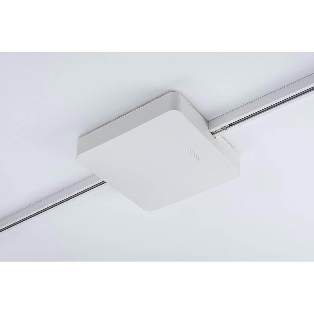 U-Rail Einspeisung Smart Home Zigbee Weiß auf einer Decke montiert, mit einem eleganten Design.