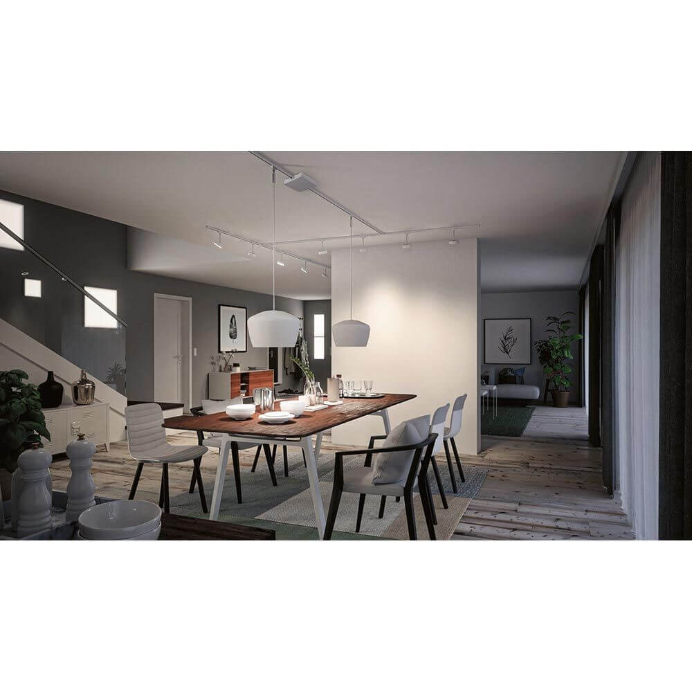 U-Rail Einspeisung Smart Home Zigbee Weiß in modernem Esszimmer mit Stühlen und stilvoller Beleuchtung