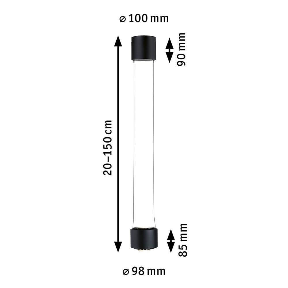 U-Rail LED Schienen Pendelleuchte Aldan Schwarz-Matt mit abgebildeten Maßen und Design.