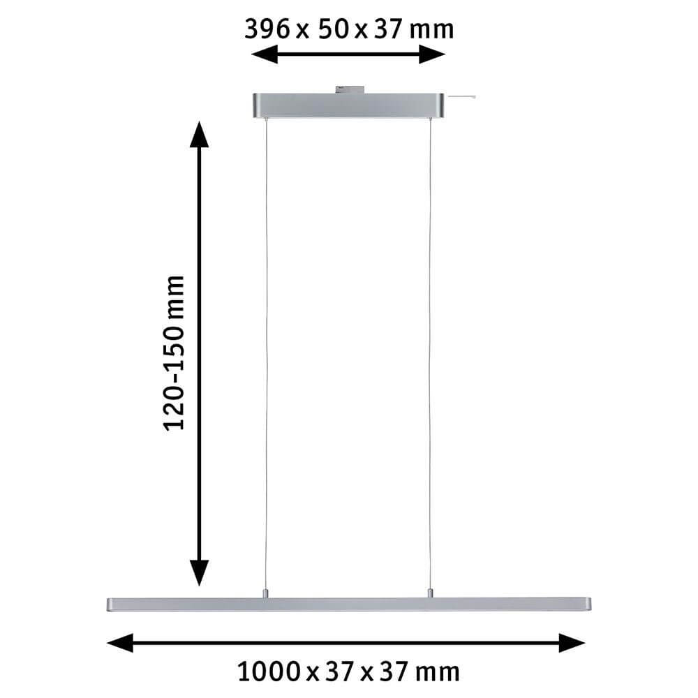 U-Rail LED Pendelleuchte Lento Dimmbar Chrom-Matt mit Abmessungen 1000 x 37 x 37 mm und höhenverstellbar.