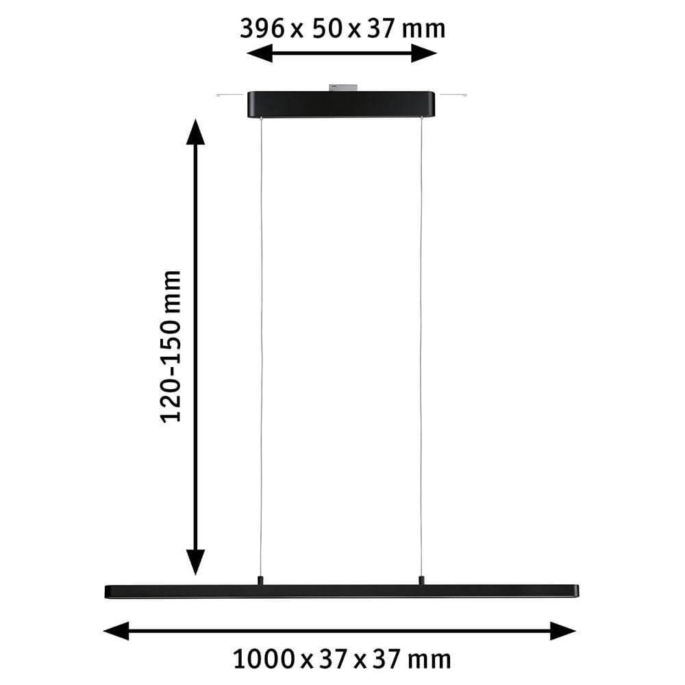 U-Rail LED Pendelleuchte Lento Dimmbar Schwarz-Matt mit Maßangaben und spezifischen Dimensionen.