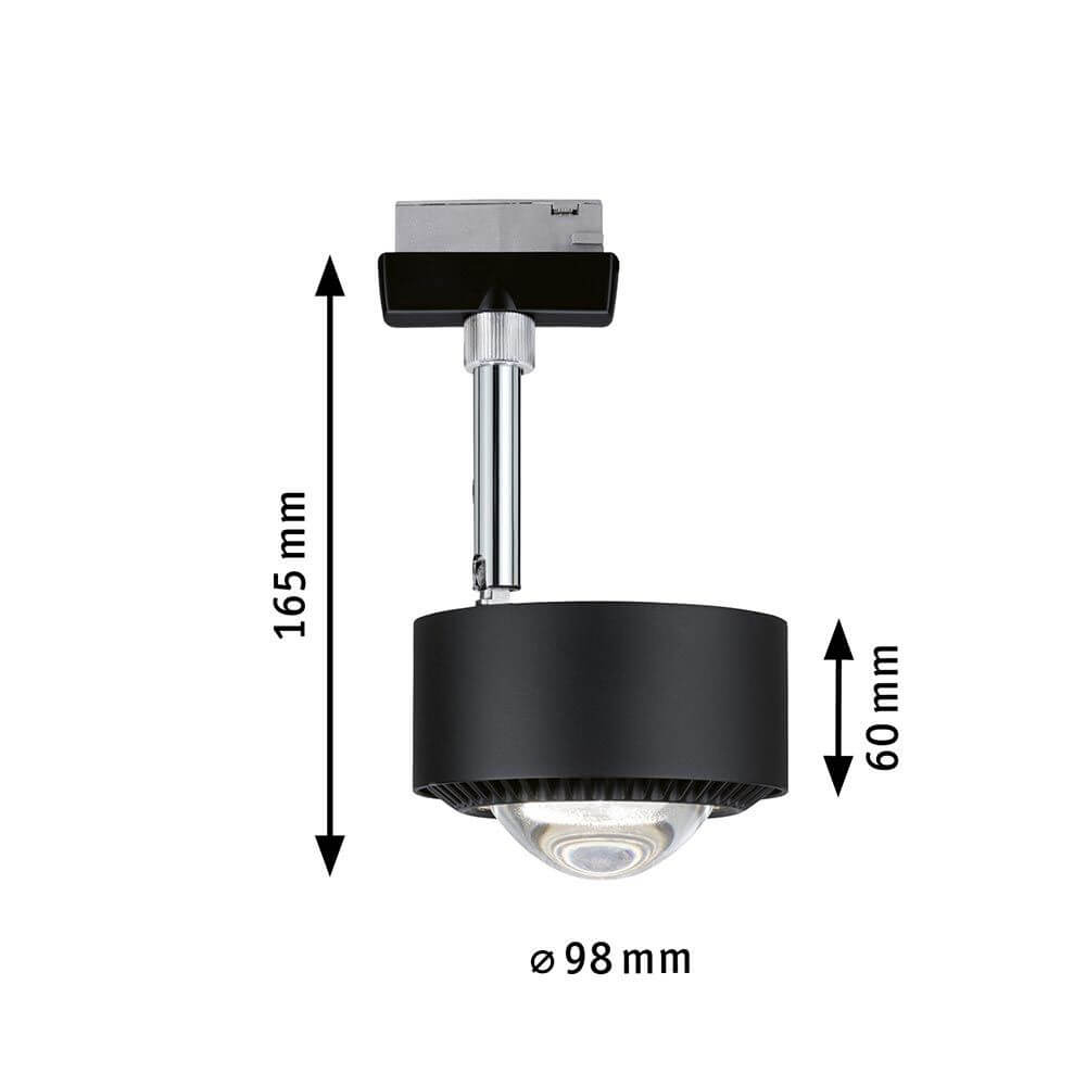 U-Rail LED Schienenspot Aldan Einzelspot Dimmbar Schwarz-Matt, Chrom mit Abmessungen und Montageanleitung.