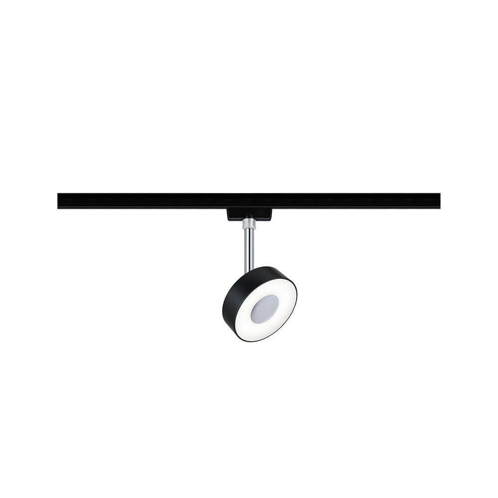 U-Rail LED Schienenspot Circle Einzelspot Dimmbar Schwarz-Matt, Chrom auf schwarzem Schienensystem.