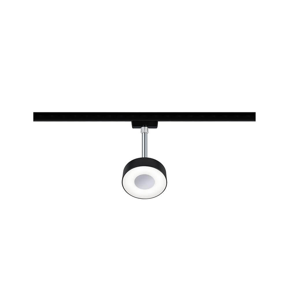 U-Rail LED Schienenspot Circle Einzelspot Dimmbar Schwarz-Matt, Chrom auf einer Schiene montiert.