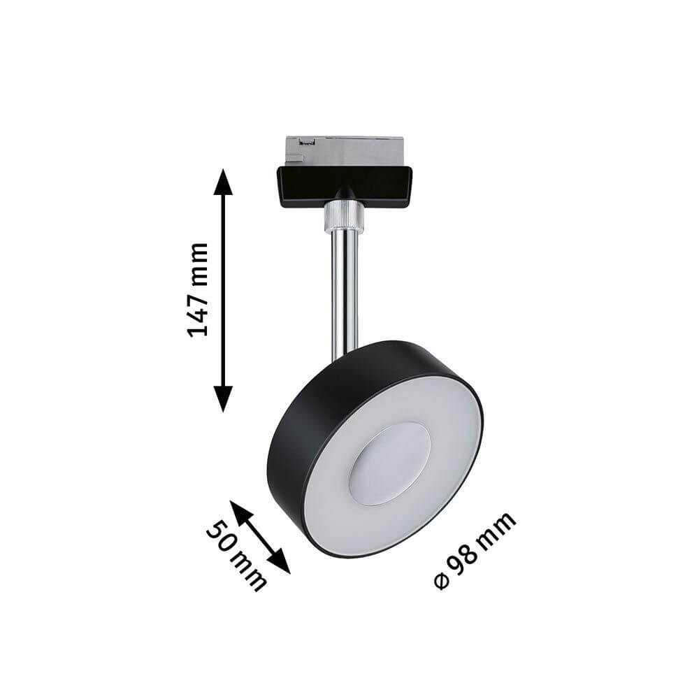 U-Rail LED Schienenspot Circle Einzelspot Dimmbar Schwarz-Matt, Chrom mit Abmessungen 147mm x 50mm x 98mm.